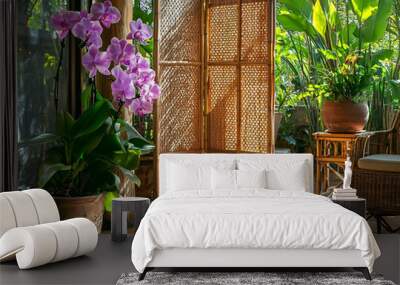 Asian bamboo room divider, handcrafted with natural bamboo slats, standing in a sunlit tropical villa, large potted orchids and woven rattan furniture surrounding it Wall mural