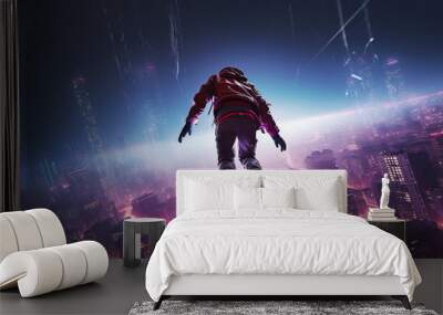 BASE jumper leaping from an urban skyscraper at night, neon - lit cityscape, cyberpunk aesthetics, ultra - wide lens perspective Wall mural