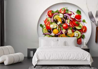 Close - up, hyper - realistic image of a vibrant, freshly prepared Greek salad with a shining silver fork, served on a white ceramic plate Wall mural