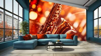 close - up of saxophone keys being played, dynamic movement, golden brass reflecting stage lights, jazz club atmosphere, warm tones, impressionist style Wall mural