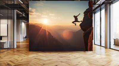 Epic capture of a rock climber, muscles strained, mid - jump between two cliffs, breathtaking mountain landscape in the background, vibrant sunset, intense, action shot Wall mural