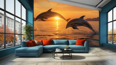 Family of playful dolphins jumping out of the ocean at sunset, silhouettes, golden light Wall mural