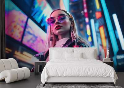 Futuristic street fashion portrait in an abstract digital cityscape, neon colors, anime - inspired, cyberpunk feel Wall mural