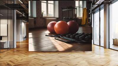 Hyper - realistic stock image, modern home gym setup, bright room with large windows, selection of fitness equipment: dumbbells, resistance bands, yoga mat, stability ball, emphasis on cleanliness and Wall mural