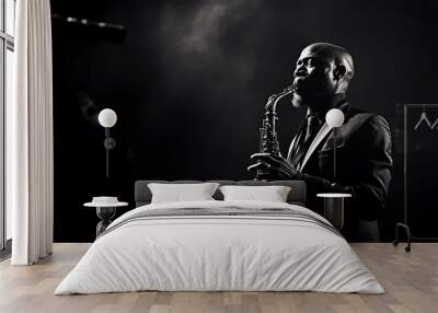 Intimate close - up of a jazz musician playing a saxophone in a smoky room Wall mural