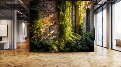 Living wall on a rustic brick facade, Ivy and ferns intertwined, dappled sunlight Wall mural