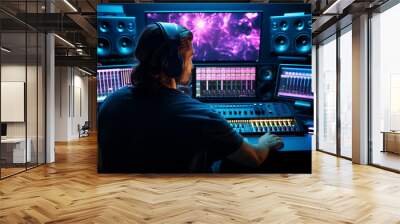 Mastering engineer at work, full frame view of his reflection on a glossy black monitor screen showing audio waveforms, backlit keyboard, vibrant LEDs on rack gear, candid, documentary style Wall mural