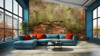 Old brick wall: rustic, textured surface, patches of moss and lichen, warm earth tones, natural light Wall mural