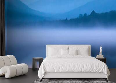 serene lakeside scene at dawn, a person practicing tai chi on a wooden dock, mist rising from the water, the distant mountains bathed in soft morning light Wall mural