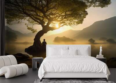 Serene landscape at sunrise, a meditator sitting cross - legged under a sprawling bodhi tree, dappled sunlight, tranquil pond nearby, dew glistening on the grass, misty mountains backdrop Wall mural