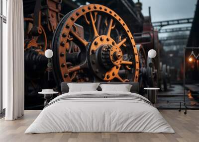 Steam engine driving wheel, rusty, textured, shot in HDR, historic train yard Wall mural