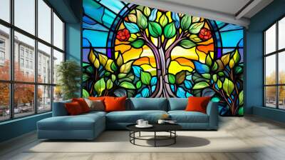 Stylized, abstract representation of hands planting a seedling, a symbol of hope and sustainable future, stained glass style, vivid colors Wall mural