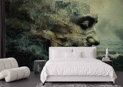 surreal composition blending a poet's face with flowing words and imagery from their poems, portraying the deep connection between a poet's mind and their creations Wall mural