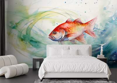 Surreal depiction of a fish being caught on a line, watercolor art, water splashing, vivid, dreamy color palette, fluid movement, hint of impressionism Wall mural