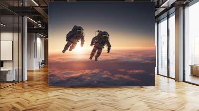 two astronauts, floating in space, tethered to a spacecraft, Earth in the far background Wall mural