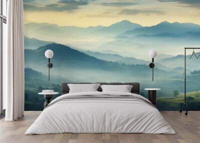 Vibrant, misty, mountain landscape at dawn, detailed, painterly style, impressionistic brushstrokes, dramatic sunrise lighting, abstract patterns and textures Wall mural