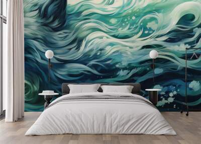 Wolf, long voluminous hair mimicking ocean waves, abstract underwater setting, marine flora and fauna, shades of blue and green Wall mural