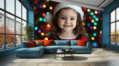 beautiful children with christmas hat with lights background Wall mural