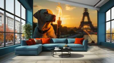 beautiful labrador dog with the olympic torch and the eiffel tower in the background on a sunset Wall mural