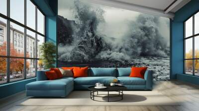 beautiful landscape with mountains and the sea with waves a dark day with mountains and clouds in high resolution and high quality Wall mural