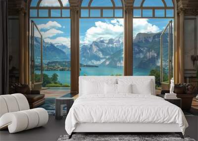 beautiful room of a mansion with a view of a lake and mountains in spring or summer in high resolution and quality Wall mural