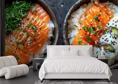 beautiful setting of sushi and noodles on a black plate Wall mural