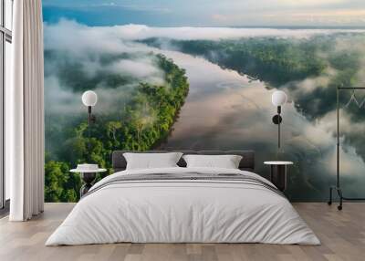 beautiful sunrise on the amazon river with fog and a blue sky in high resolution Wall mural