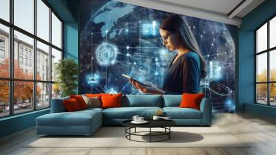 business woman with a cell phone in her hand with international online business signs Wall mural