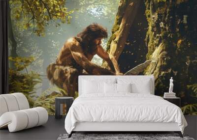 caveman carving a tree with his basic weapon prehistoric by day Wall mural