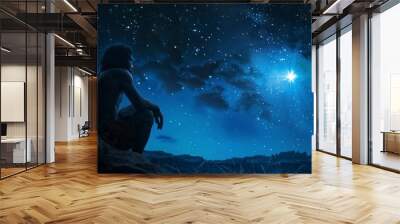 caveman observing a star in the night sky in high resolution Wall mural