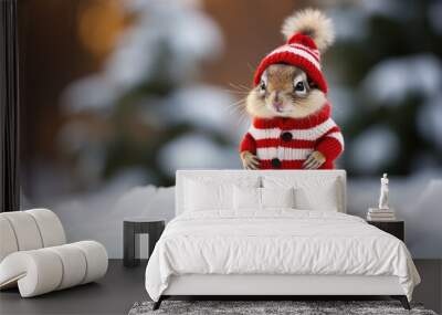 Chipmunk in snow with winter clothes like Santa Claus.. Christmas style hat and sweater. Funny animals in winter. Wall mural