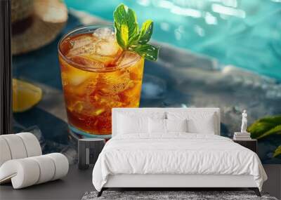 close up of a glass of ice mocktail on a blurred beach vibe background Wall mural