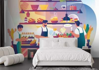 colorful illustration of food catering and a restaurant on a light color gradient background Wall mural