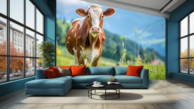 cow in a beautiful meadow with the sun in the background in spring in high resolution and high quality Wall mural