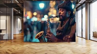 dark-haired man playing saxophone in defocused city with christmas lights Wall mural