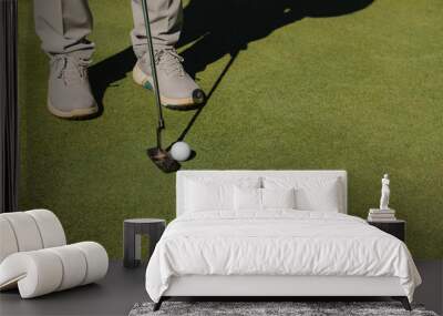 Details of the feet of a male golfer playing about to swing the ball on the green grass. Wall mural