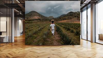 Farmer carries his daughter on his shoulders among the crops of agave mezcaleros, they walk towards the horizon Wall mural