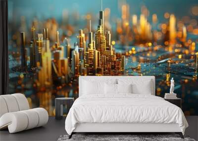 financial city tech data flow skyline illustration with tridimensional buildings Wall mural