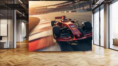 Formula 1 car at high speed on a speed track in a race, competition in a beautiful sunset in high resolution and quality. concept real racing cars, competitions Wall mural