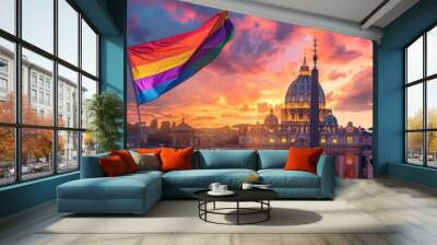 gay flag flying next to St. Peter's Basilica on a beautiful sunset Wall mural