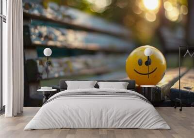 giant yellow ball with a happy face on a park bench on a sunset in high resolution Wall mural