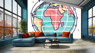 globe illustration  with arrows connecting different points on a white background Wall mural