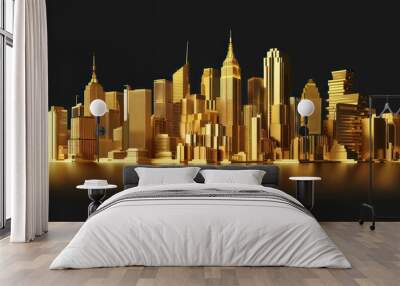 gold world cityscape, minimalist Illustration isolated on a black background Wall mural