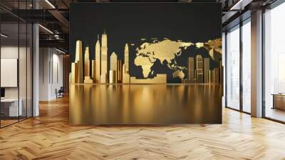 gold world cityscape, minimalist Illustration isolated on a black background Wall mural