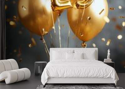 golden gift next to balloons and vertical bokeh background Wall mural