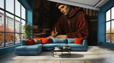 Gregorian young man writing in books in the library with good lighting Wall mural