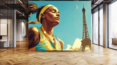 illustration of a female athlete with olympic medal with the eiffel tower in the background. Paris 2024 Olympic Games concept, world sporting event in high resolution and high quality Wall mural