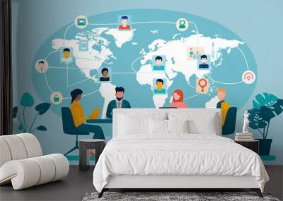 illustration of a work group in a conference on screens in an office with the world map in the background in high resolution and high quality. teleworking concept Wall mural