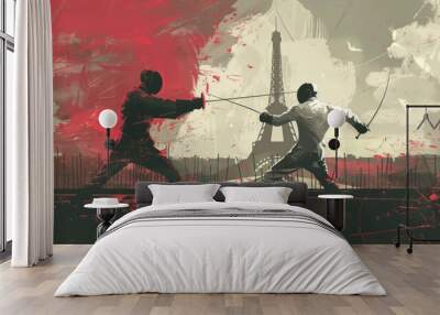 illustration of fencing fight with the eiffel tower in the background. Paris 2024 Olympic Games concept, sporting event Wall mural