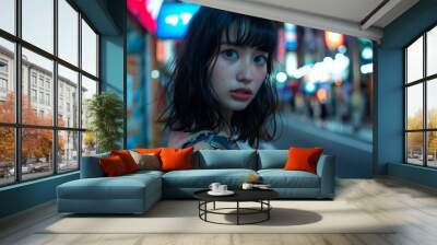 Japanese young woman looking at camera at night Wall mural